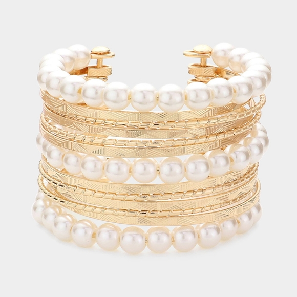 iFashionBox Jewelry - Gold Cream Pearl Layered Metal Cuff Bracelet Bangle Fashion Statement Accessory